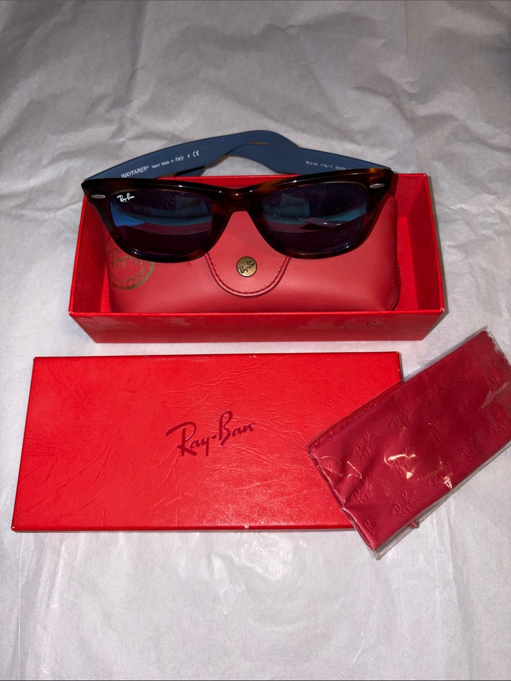 Ray-Ban Men’s Wayfarer Sunglasses - Tortoiseshell Frame with Blue Temples